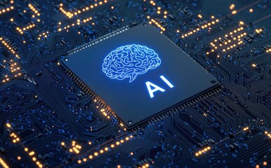 Poster - Futuristic AI microchip glowing on a detailed circuit board, symbolizing artificial intelligence, machine learning, and digital processing. Ideal for tech, innovation, and computing themes
