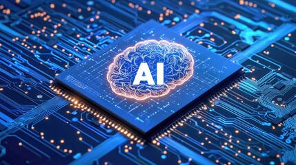 Poster - dvanced AI microchip glowing with a brain-like neural pattern on a high-tech circuit board, representing artificial intelligence and digital processing. Ideal for technology, computing, and innovation