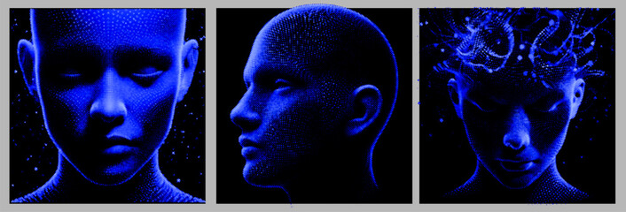 Poster - Three digital human-like faces in a deep blue monochrome. The expressions and artistic style suggest futuristic and conceptual themes, focusing on technology and artificial intelligence.