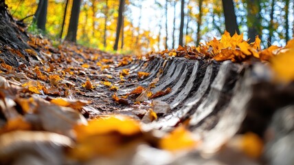 Wall Mural - forest pathway covered in autumn leaves with sunlight filtering through trees