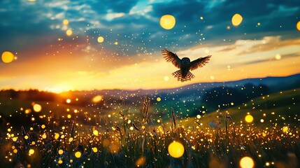 Wall Mural - a bird soaring above a field of yellow and blue bubbles under a beautiful sunset