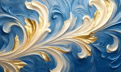 Poster - Abstract painting with swirling patterns in blue, white and gold creating a dynamic composition