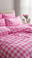 Poster - Bright pink and white checked bed linen adorns a neatly made bed, inviting relaxation and a peaceful vibe. Soft sunlight filters through sheer curtains, enhancing the cozy mood