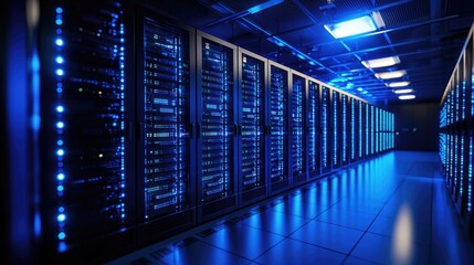 Poster - Futuristic data center with glowing blue server racks, symbolizing cloud computing, cybersecurity, and digital infrastructure. Ideal for IT, networking, and security themes