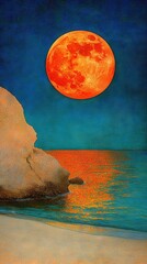 Wall Mural - red moon over water with rock foreground