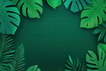 Wall Mural - Lush green tropical leaves frame a dark green backdrop