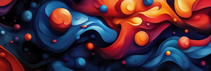 Canvas Print - Dynamic Flow of Colorful Abstract Fluid Art with Swirling Patterns and Vivid Spheres Evoking Cosmic Landscapes and Celestial Motion in Blue and Orange