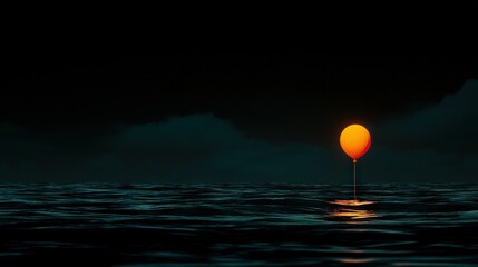 Wall Mural -   An orange light atop a pole amidst a watery expanse and a backdrop of darkness