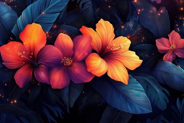 Wall Mural - Vibrant Orange and Purple Hibiscus Flowers Amidst Blue-Tinted Leaves Creating a Striking Visual Contrast in a Tropical Night Setting