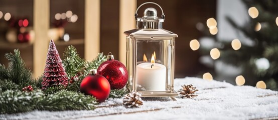 Wall Mural - festive christmas scene with a glowing lantern, red ornaments, and pine branches on a snowy table, c