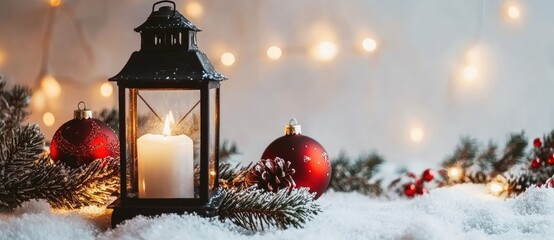 Wall Mural - christmas scene with a glowing lantern, red ornaments, and pine branches on snow, creating a warm ho