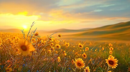 Wall Mural -   A painting of a sunflower field with distant sunset and hills in the background