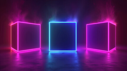 Poster - Neon glowing cubes with vibrant colors and smoke effects create captivating atmosphere. interplay of light and shadow enhances visual appeal, making it perfect for modern design