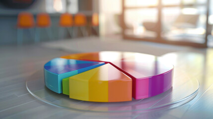 Poster - colorful pie chart on reflective surface, symbolizing data analysis and business insights in modern office environment