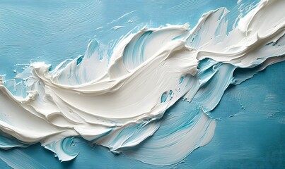 Poster - abstract painting with thick strokes of white paint on a textured blue canvas background