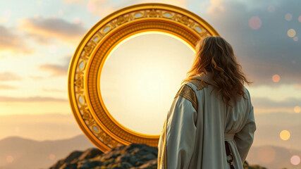 A man with wavy golden hair in a white and gold robe is standing on a mountain in front of a golden ring dimensional gate. View from behind.