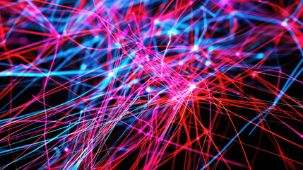 Poster - Abstract digital art featuring vibrant pink and blue lines intertwining against dark background, creating dynamic and energetic visual effect