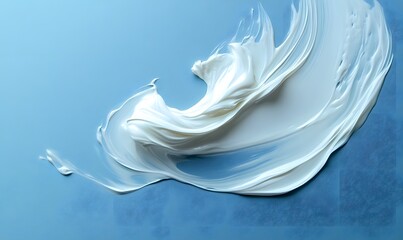 Poster - abstract white cream splash on a light blue surface with textured background and glossy effect