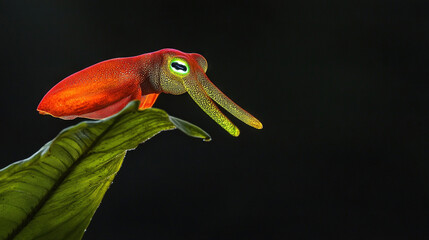 Canvas Print -   A green light illuminates the center of a close-up flower, while an octopus is perched on the back of its head