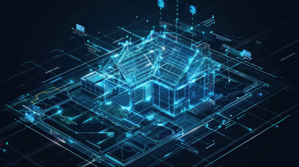 Poster - digital house design with blueprints and technology elements