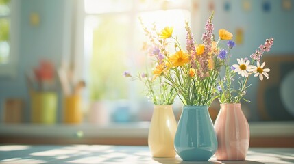 Wall Mural -   Three vases filled with flowers rest on a table beneath sunbeams filtering through the window above