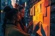 © Canvas - Two young women collaborate on a project, studying plans pinned to a wall at dusk.