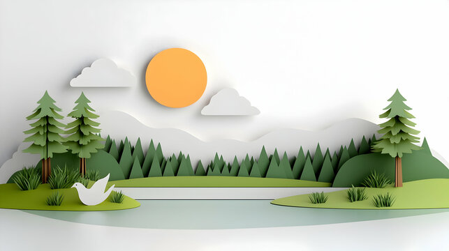 Tranquil Papercut Forest Landscape with Bird and Lake