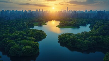 Canvas Print - Sunset over city park lake