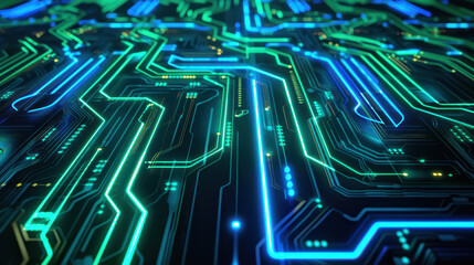 Poster - Futuristic circuit board design with glowing lines and patterns, showcasing technology and innovation. vibrant colors create dynamic and modern atmosphere
