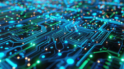 Poster - vibrant close up of circuit board with glowing blue and green lines, showcasing intricate patterns and connections, evoking sense of technology and innovation