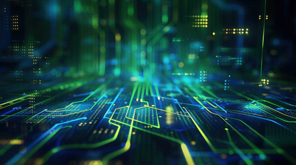 Poster - Futuristic digital circuit board with glowing lines and patterns, showcasing technology and innovation in vibrant blue and green color scheme