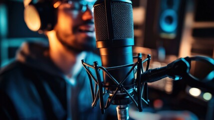 Poster - Sound engineer wearing headphones working in recording studio using professional microphone and audio equipment while recording a voiceover