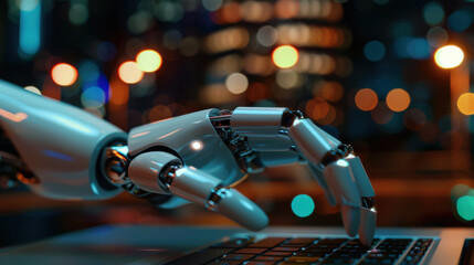 Poster - robotic hand typing on laptop keyboard in cityscape at night, illuminated by colorful lights, showcasing technology and innovation