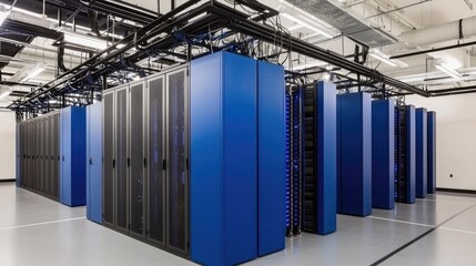 Aufkleber - Modern data center with blue server racks and structured cabling. Ideal for cloud computing, cybersecurity, and IT infrastructure concepts