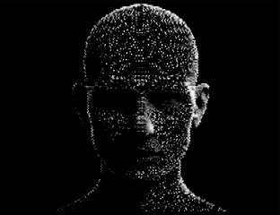 Leinwandbilder - Abstract, pixelated human face in grayscale on a black background. The scattered dots form a detailed, digital texture, giving the artwork a modern, futuristic feel with a hint of mystery.