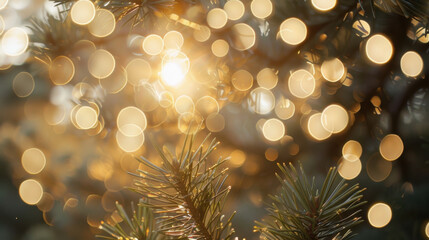 Wall Mural - beautiful close up of pine branches with soft, glowing bokeh lights creating warm, enchanting atmosphere. sunlight filters through, enhancing magical feel of scene