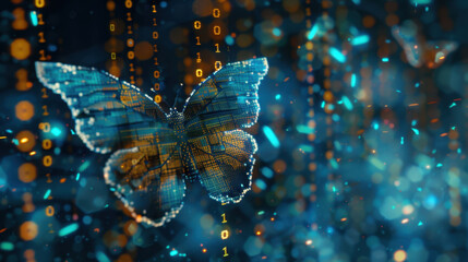 Poster - digital butterfly composed of binary code, symbolizing transformation and technology. vibrant colors