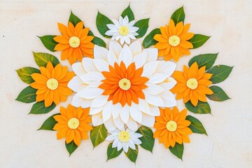 Intricate Pookalam design showcased in a temple courtyard during the vibrant Onam celebration with festive floral patterns and a serene atmosphere