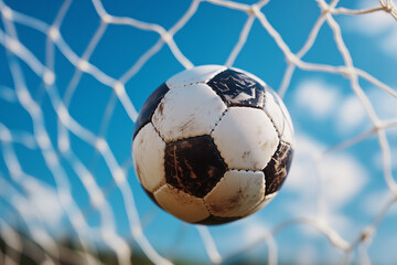 A worn soccer ball captured mid-flight as it hits the net, symbolizing victory and excitement in the game.