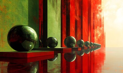 Poster - Abstract Composition of Spheres on Red Platforms Against Striped Walls and Reflective Surface