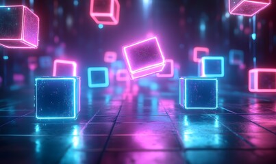 Poster - Abstract glowing 3D cubes with pink and blue neon lights on dark reflective surface