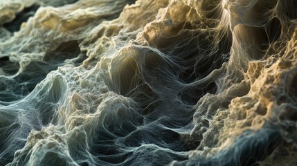 Dusty, textured landscape; intricate web-like formations.
