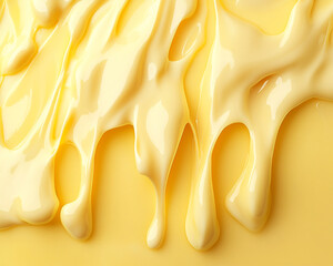 Wall Mural - Close-up of creamy yellow liquid dripping on a smooth surface, showcasing the glossy texture and richness of butter or melted cheese, symbolizing dairy, richness, and indulgence.