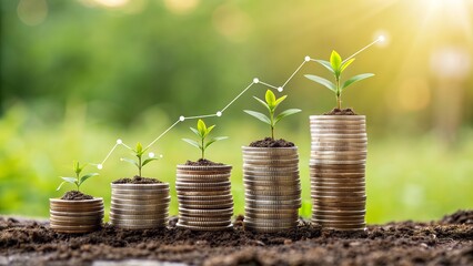 Poster - Seedlings Growing on Stacked Coins Symbolizing Financial Investment Saving Money and Business Growth Represents Prosperity and Prosperous Future Investments
