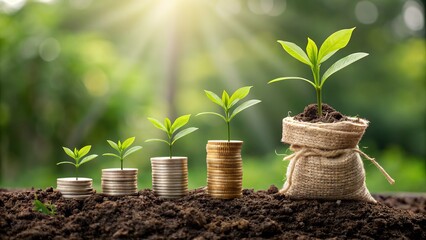 Poster - Seedlings Growing on Stacked Coins Demonstrating the Concept of Financial Investment and Business Growth for Profitable Money Saving Strategies in Modern Economy