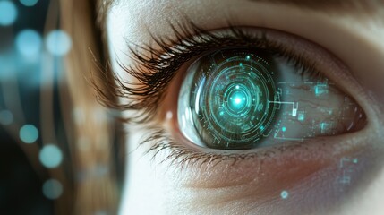 Fototapete - Close-up futuristic eye with digital interface, technology concept