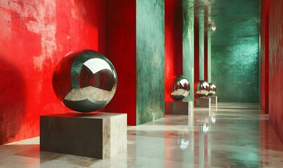 Poster - Reflective Spheres in a Red and Green Corridor with Polished Floors and Geometric Structures