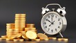 © pippadigs - A clock next to a stack of gold coins symbolizes the value of time and money, highlighting financial planning and investment.