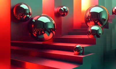 Poster - Abstract composition with reflective spheres and geometric red stairs in modern style