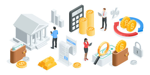 Wall Mural - isometric vector business concept with people and icons of money with bank and calendar, in color on white background, deposit and money or financial work